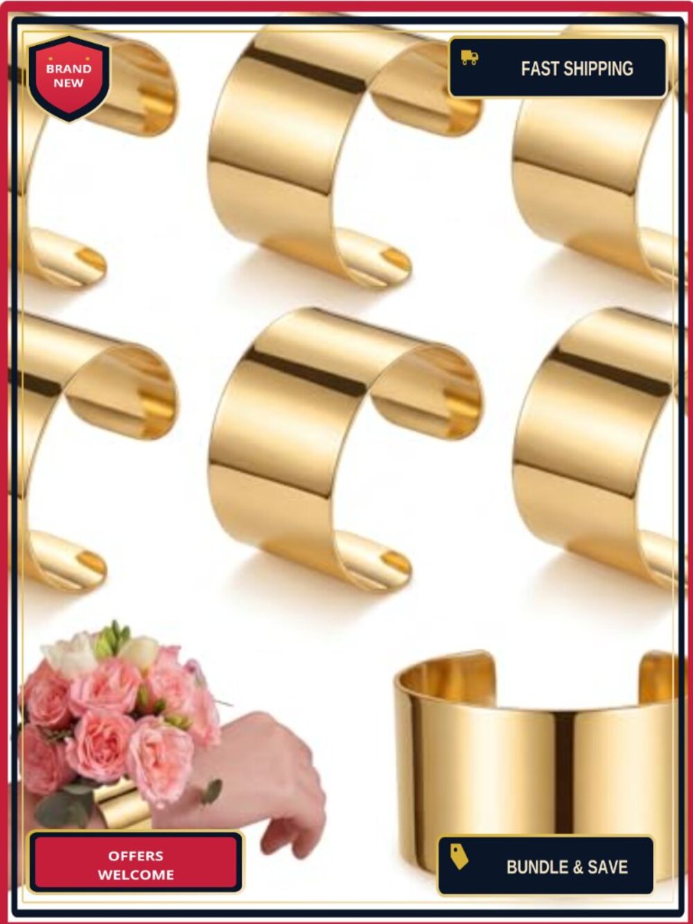 6 Pc Gold Open Cuff Bracelet Set Adjustable Wrist Corsage Party